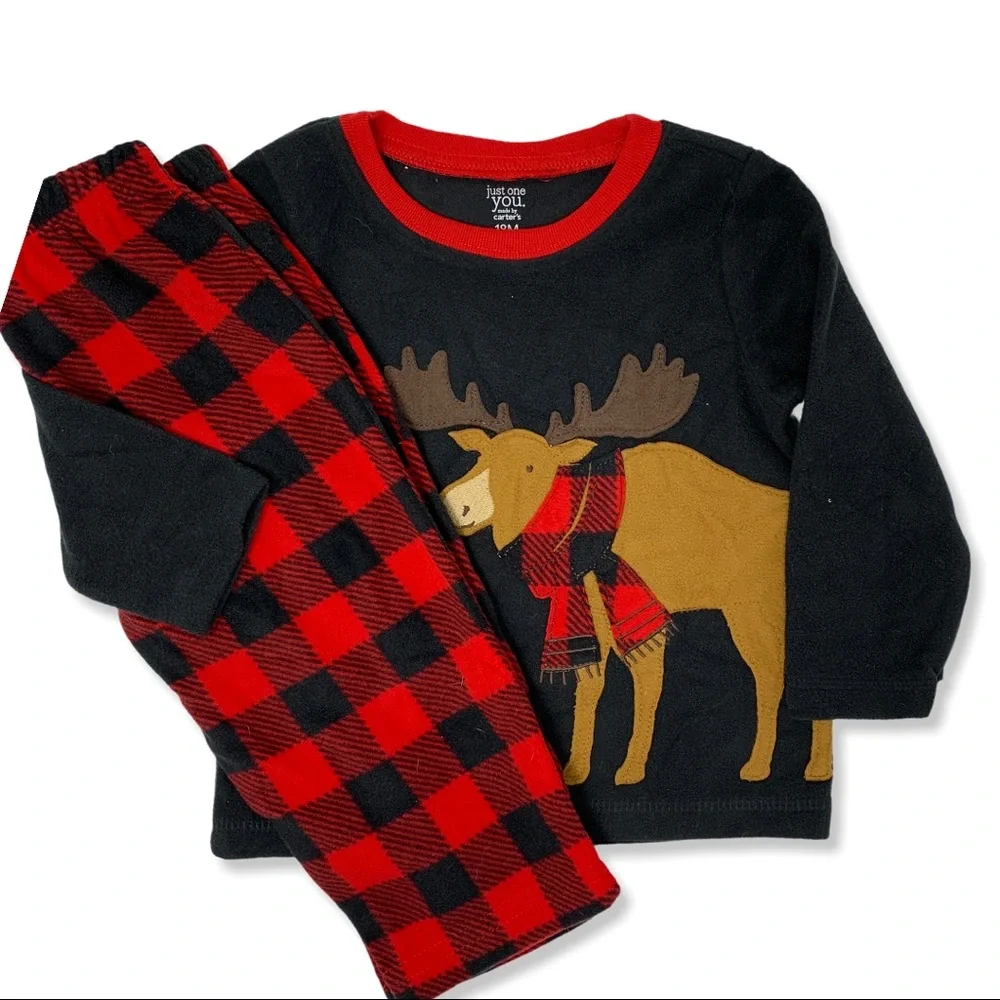 Two piece plaid fleece moose pant and top set new
